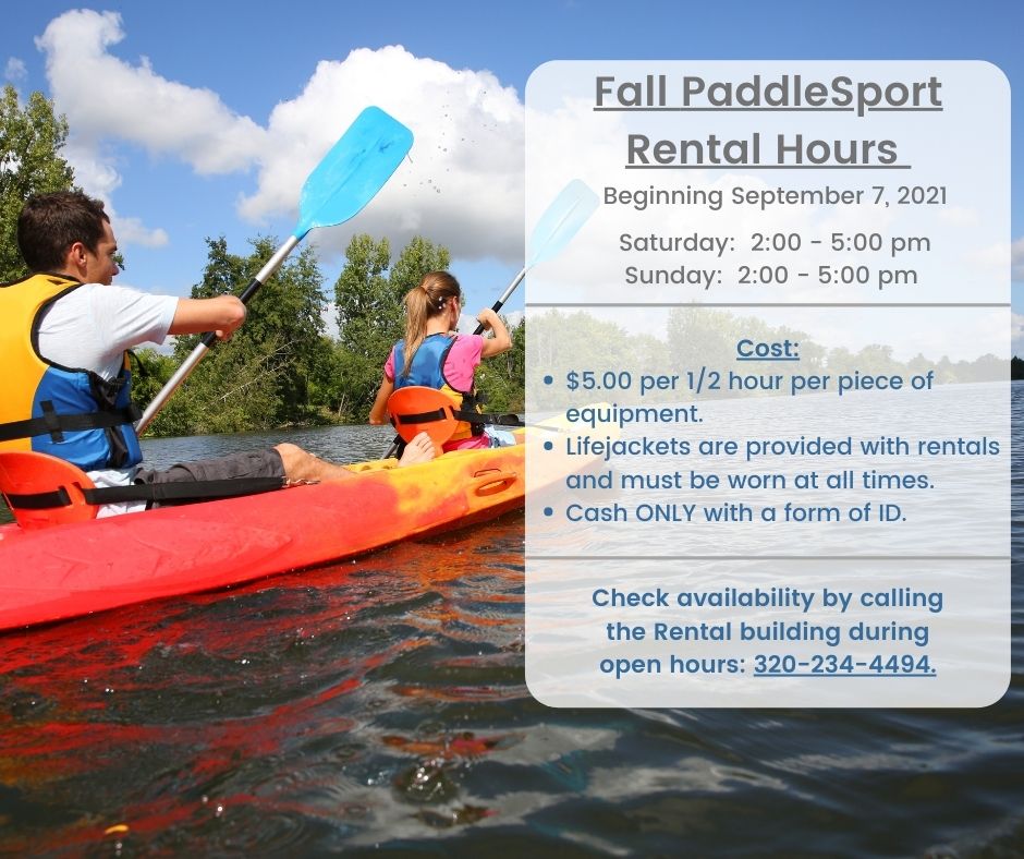 Graphic displaying rental hours and cost for paddle sports equipment. 