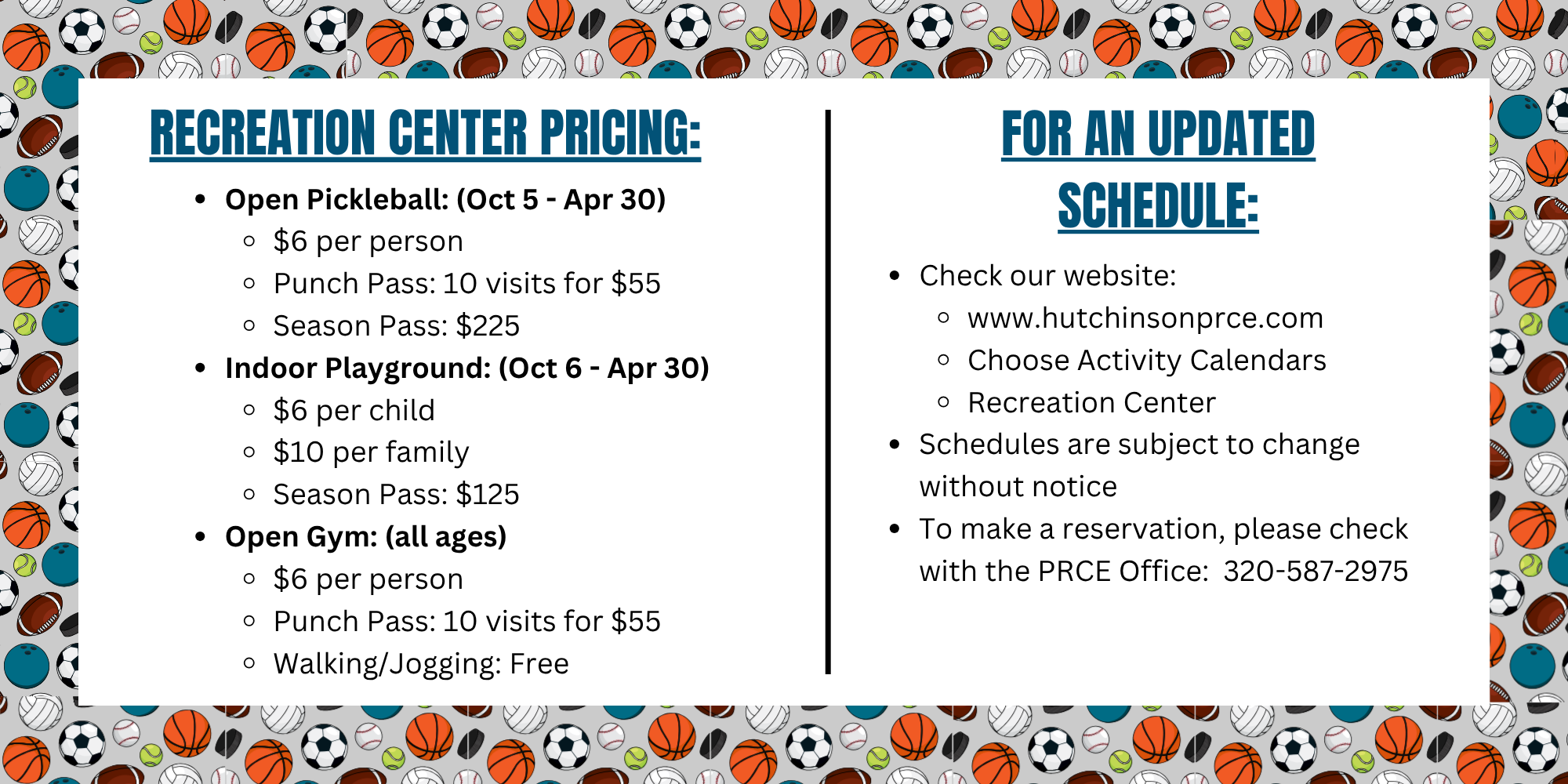 Recreation Center pricing list with a colorful sporting equipment border to enhance the verbiage.